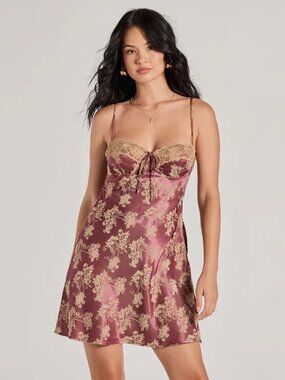 Windsor NWOT Tied To You Lace Trim A-Line Floral Satin Dress Size Small